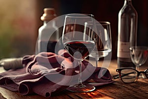 close-up of a napkin on a wooden table with glasses and bottles of red wine