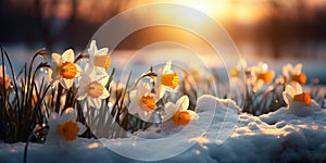 Close-up of Narcissus in the snow in spring. Glade of flowers. First spring flower. Generative AI