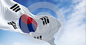 Close-up of national flag of South Korea waving on a clear day