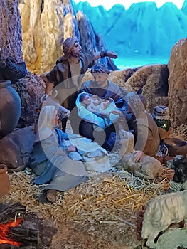 Close up Nativity scene. Christmas traditional card