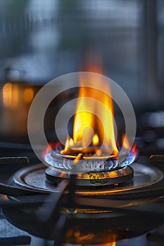 Close-up of a natural gas stove burner.