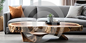 Close up of natural wood rustic live edge coffee table near grey sofa