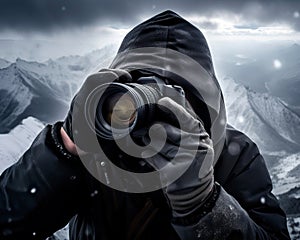 Close-up of nature photographer taking pictures with professional camera in a snowy high mountain landscape. Travel, Nature and