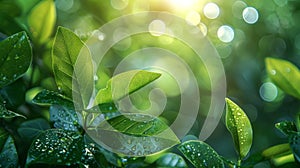 Close up nature view of green leaf on blurred greenery background under sunlight with bokeh and copy space using as natural plants