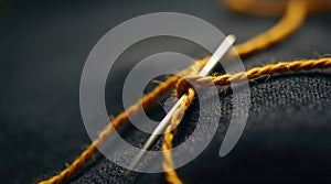Close-Up of Needle Threaded with Yellow Thread on Dark Textured Background