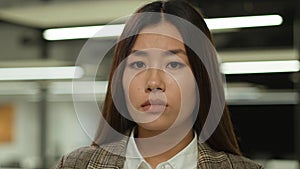 Close up negative bad problem trouble emotions female face portrait sad upset Asian businesswoman student girl