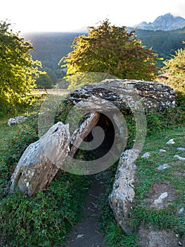 Se-up of a Neolithic stone dolmen. photo
