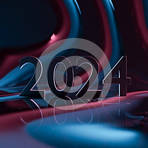 Close up of neon number 2024 on colorful abstract background. Happy new year.