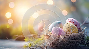 A close up of a nest with colorful easter eggs, AI