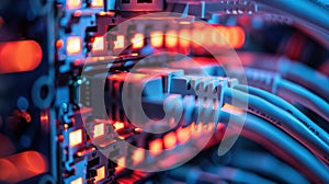 Close-up of network cables connected to a server with glowing lights. The scene illustrates modern technology and data