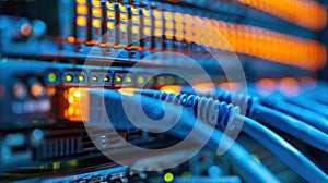 Network Server Room with Cables and Blinking Lights for Data Transmission and Cloud Computing