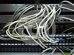 Close up network cables connected to switch in server rack