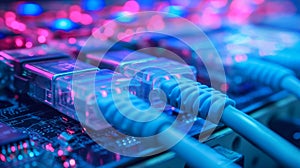 Close-up of network cables connected to switches with vibrant data transmission and high-speed internet connectivity.