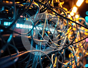 Close up of network cables in a dark room. Selective focus. Tangled Server Room Cables