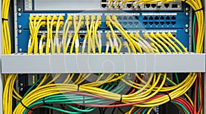 Close-up of network cables and patch panel in a server rack