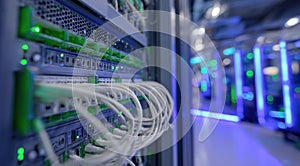 Close-up of Network Cables Plugged into a Server Rack in a High-Tech Data Center Environment