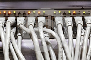 Close-up of network hub and ethernet cables