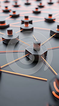 A close up of a network of orange and black cubes