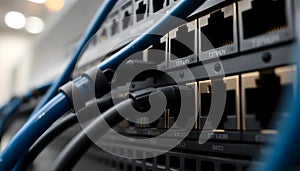 Close up of network server with cables connected to ports