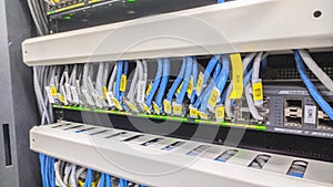 Close-up of a network server with multiple Ethernet cables connected to switches, showcasing a structured.