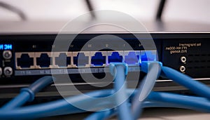 Close up of a network switch with blue cables connected