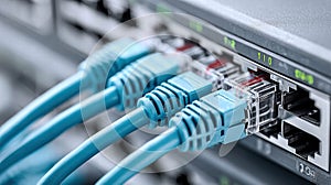 Close-up of a network switch with connected blue ethernet cables.