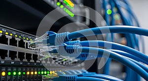Close-up of Network Switch with Ethernet Cables Connected for Data Transfer