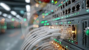 Close-up network switch with glowing cables in data center. AI Generated.