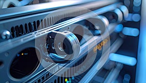 Close-up of a network switch or patch panel with fiber optic cables