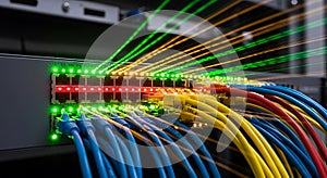 Color-coded Ethernet cables connected to active network switch in data center