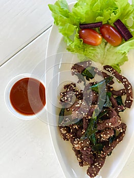 Close up Neur Dad Diew Thai Fried Sun Dried Beef