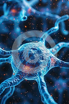 A close up of a neuron cell with blue and orange lights, AI