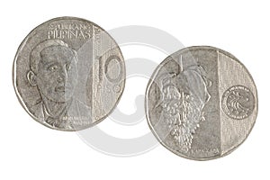 Close up of the new 10 piso Philippines coin isolated