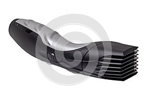 Close-up of a new black silver rechargeable beard and hair clipper isolated on a white background. Clipping path. Cordless hair