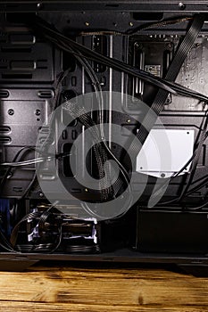 Close-up of new computer system unit with installed hard drives. Desktop PC from the inside