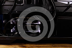 Close-up of new computer system unit with installed hard drives. Desktop PC from the inside