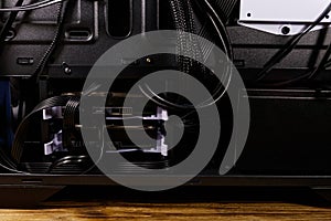 Close-up of new computer system unit with installed hard drives. Desktop PC from the inside