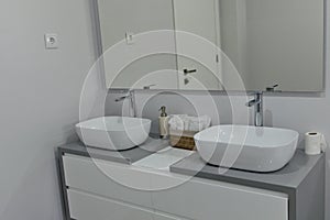 close up: new design bathroom with two basins, washbasins,