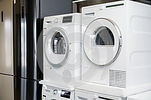 Close up of new dryer machine in household appliances store