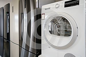 Close up of new dryer machine in household appliances store