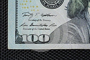 Close up of new hundred dollar bill