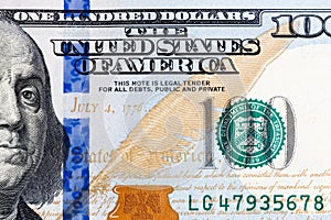 Close up of new hundred dollar bill.