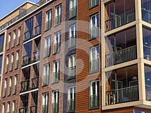 Close up of new modern building brick facade with red, brown blocks in Noblessner district. Tallinn, Estonia, Europe