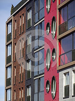 Close up of new modern building brick facade with red, brown blocks in Noblessner district. Tallinn, Estonia, Europe