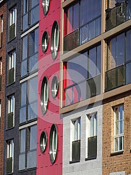 Close up of new modern building brick facade with red, brown blocks in Noblessner district. Tallinn, Estonia, Europe