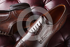 Close up of a new pair of brown leather dress shoes
