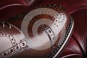 Close up of a new pair of brown leather dress shoes