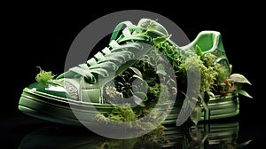 Close up new pairs of green running shoes sneaker shoes on green grass field in the park. With space for text or design