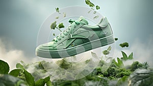 Close up new pairs of green running shoes sneaker shoes on green grass field in the park. With space for text or design