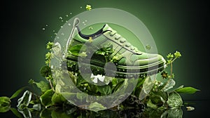 Close up new pairs of green running shoes sneaker shoes on green grass field in the park. With space for text or design